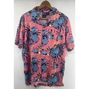 Disney Lilo & Stitch Shirt Mens Small Pink Floral Hawaiian Beach Camp Button Up